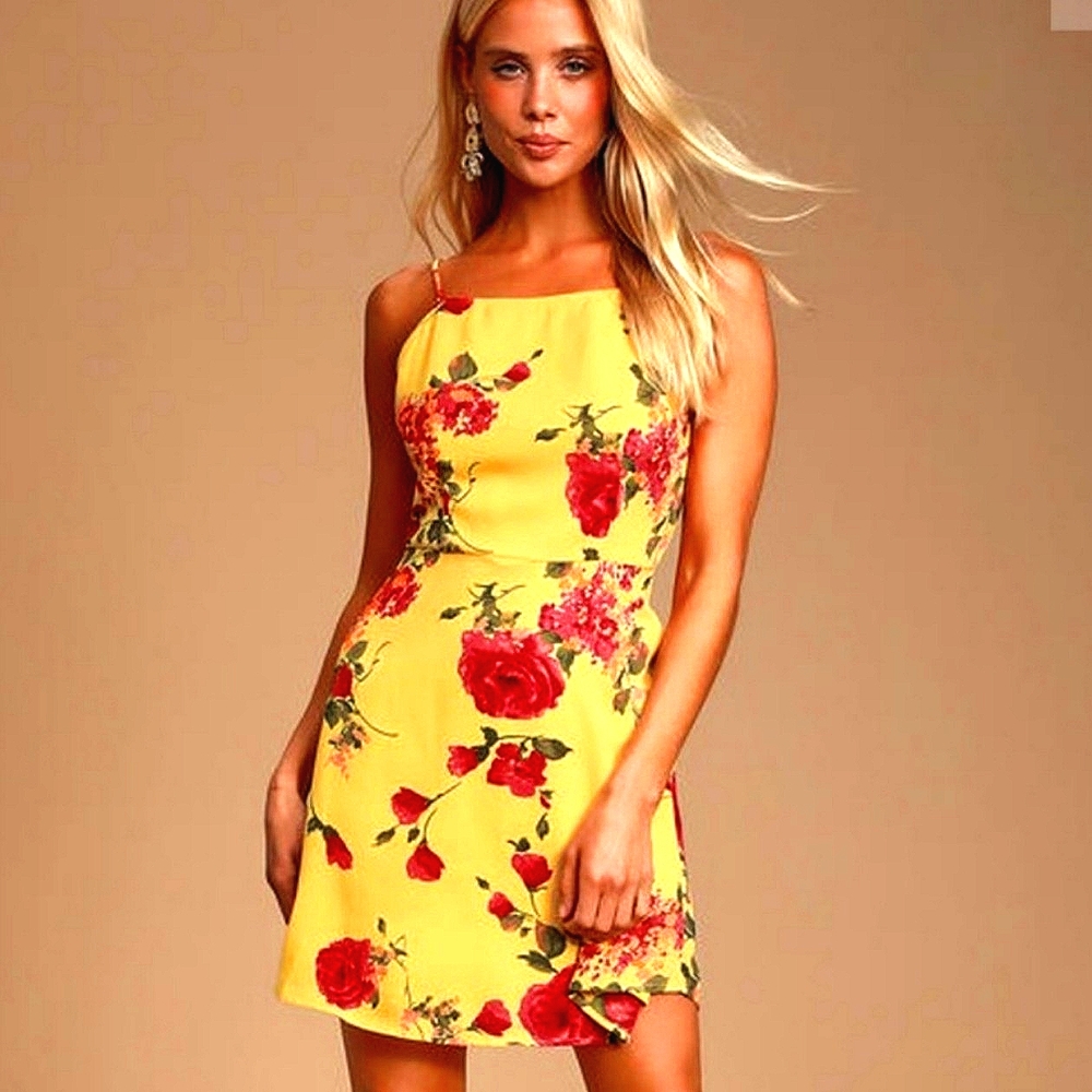 LULUS NWT YELLOW FLORAL PRINT MINI DRESS, SZ S